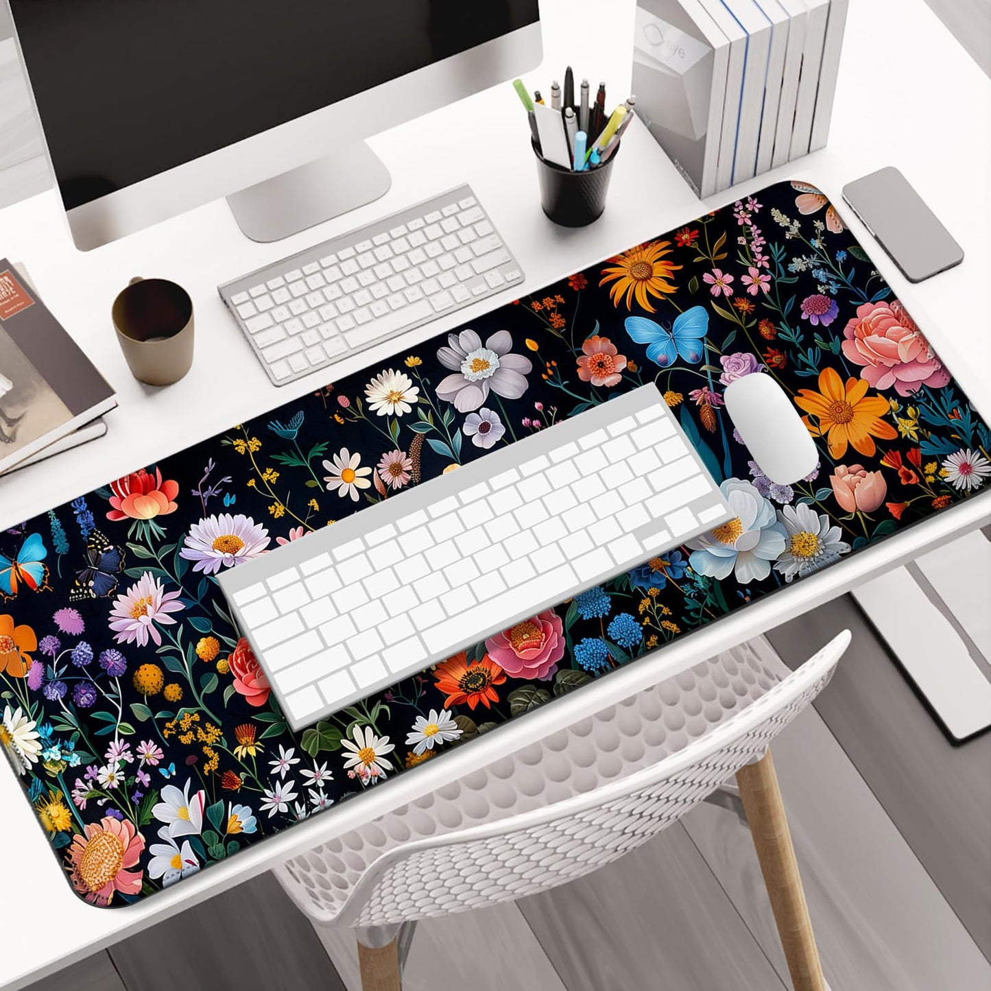 AYKDTFN Butterfly Flowers Gaming Mouse Pad, Extended Large Floral Plant Desk Mat, Computer Keyboard