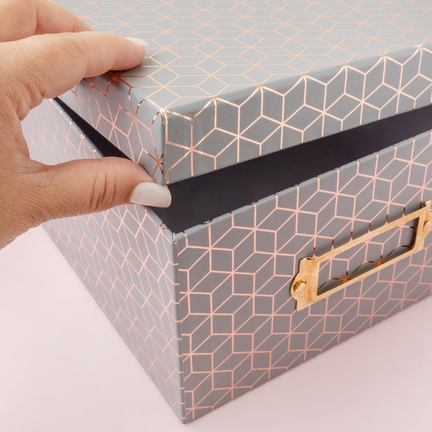 American Crafts Photo Keepsake Box with Lid, Gray Geo with Rose Gold Foil, 11x7.4x4.3, Decorative