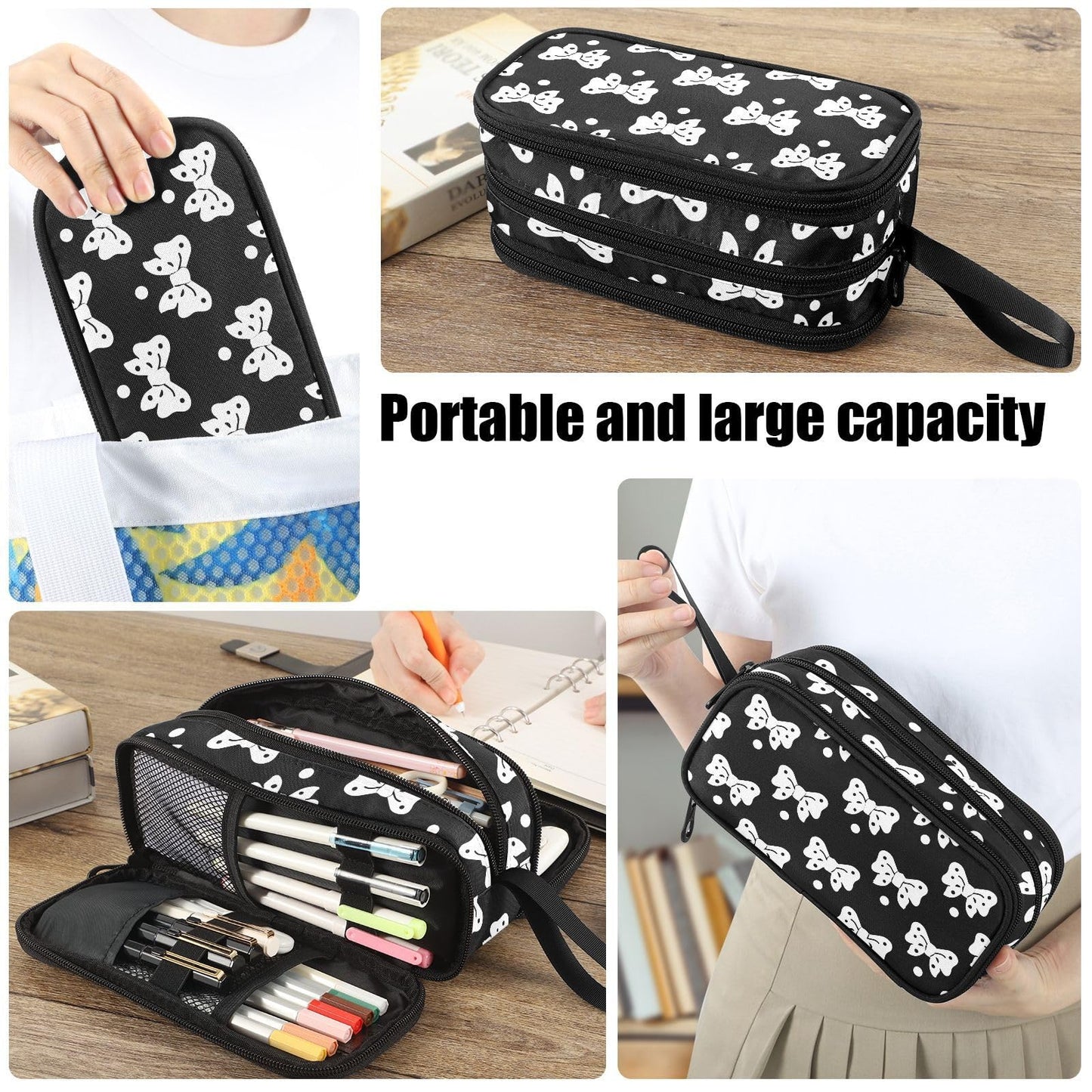 Fustylead Bows Large Pencil Case, Minimalist Portable Stationery Bag Cosmetics Bag with Handle for
