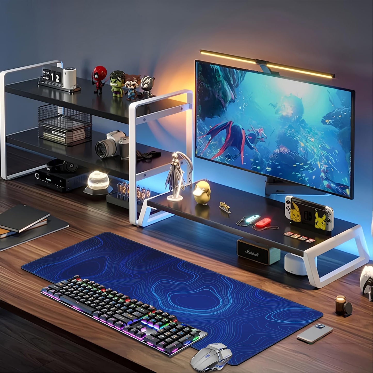 Abstract Topography Design Desk Mat,Large Dark Blue Topographic Line Art Gaming Keyboard Mouse