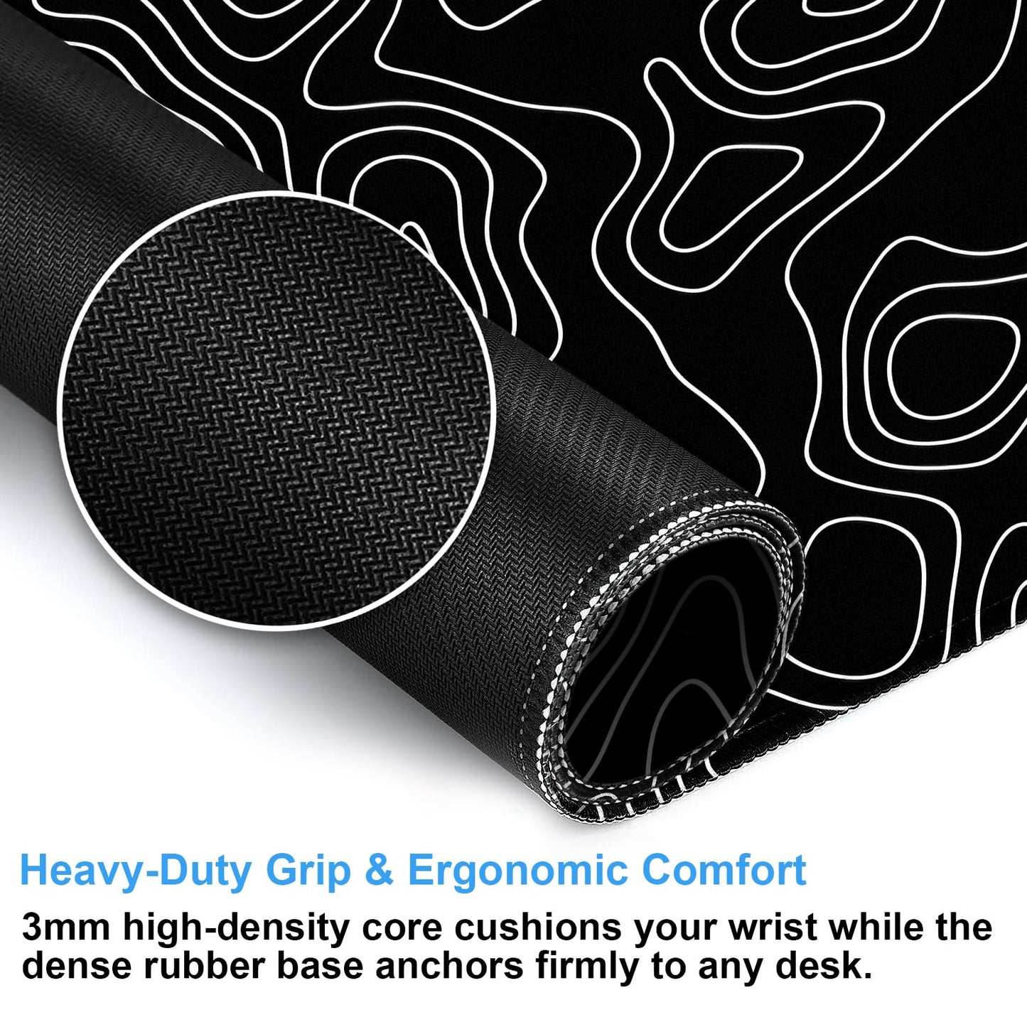 Black and White Topographic Desk Mat, Large Gaming Mouse Pad 31.5x15.7