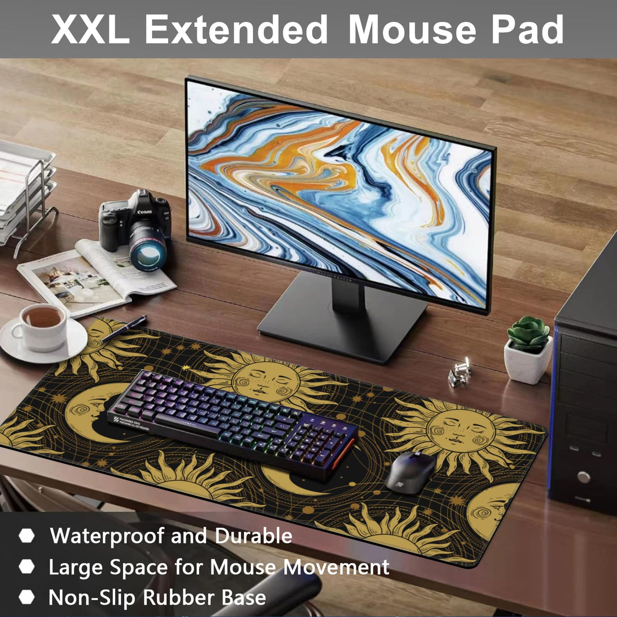 Mouse Pad, Large Golden Sun and Crescent Desk Mat, Extended Non-Slip Gaming Keyboard Mousepad Desk