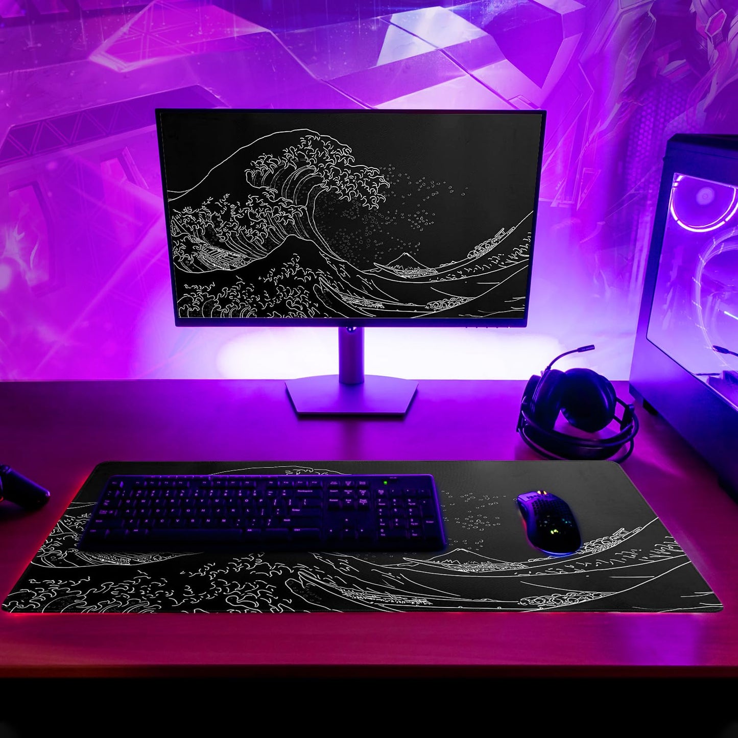 Japanese Gaming Mouse Pad Abstract Black Mouse Pad 31.5x11.8 Inch Black Sea Wave Texture Non-Slip