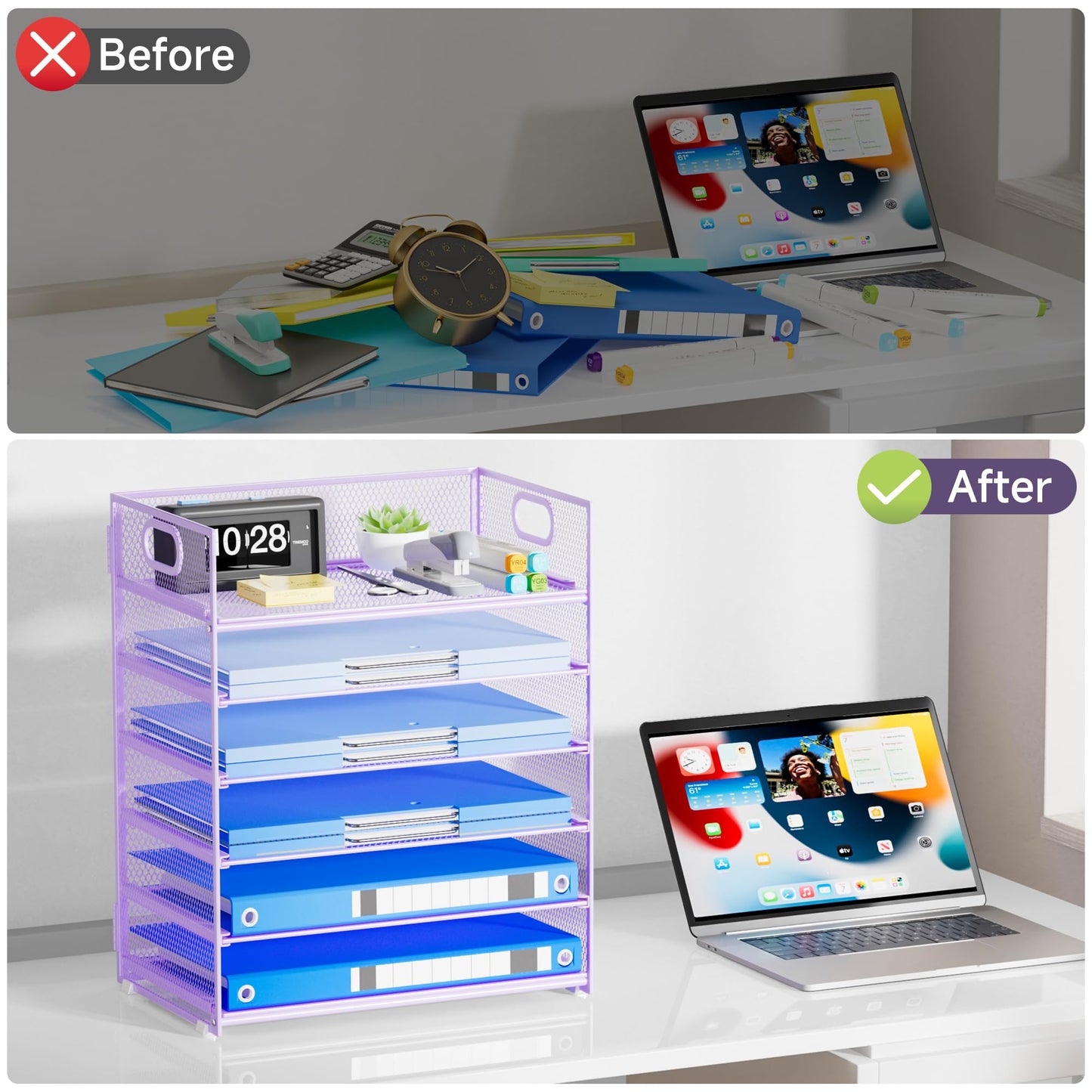 Kinkota Purple Paper Organizer for Desk with Handle, 6-Tier