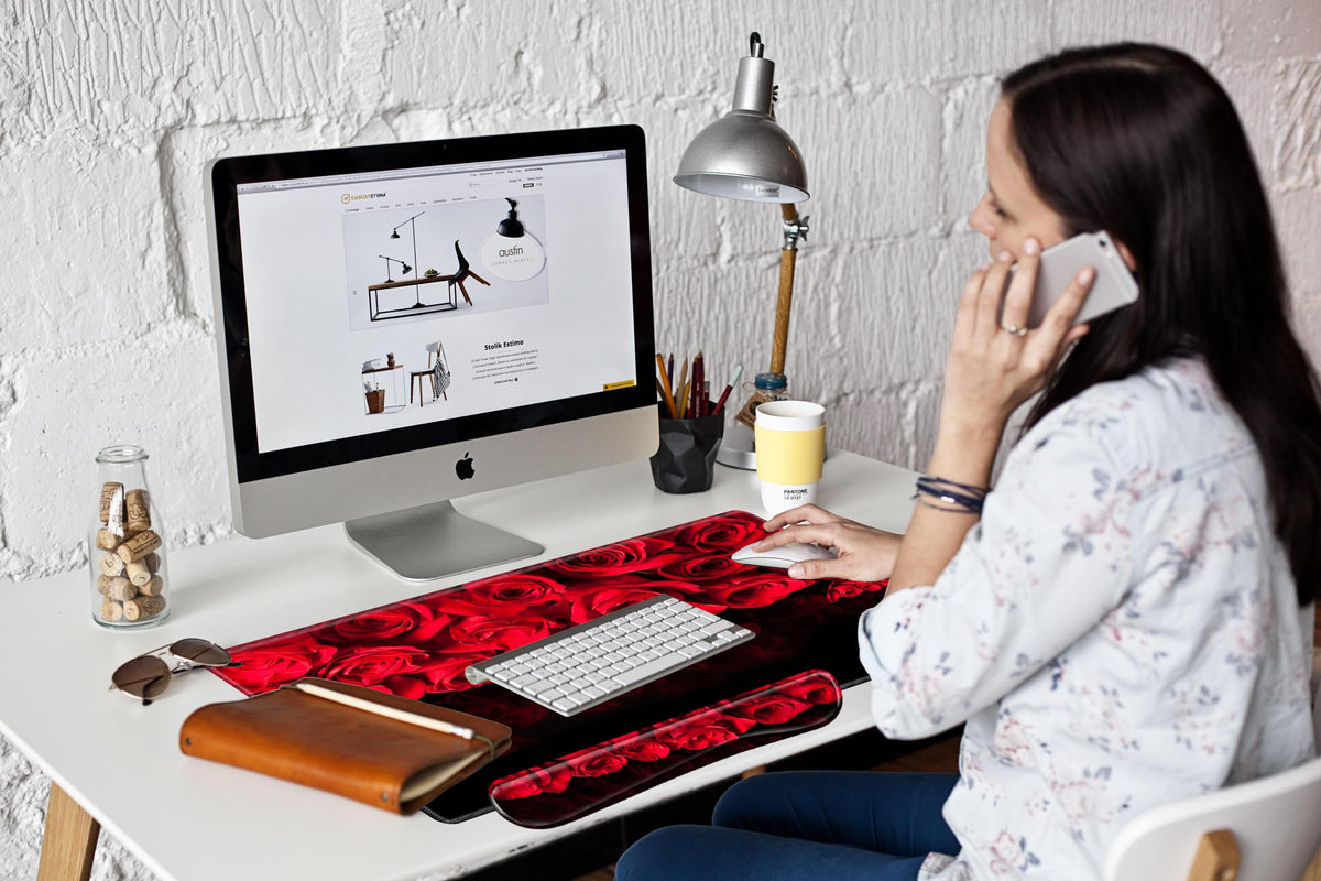 Red Roses Keyboard and Mouse Pad with Wrist Rest Large Mousepad XXL Desk Mat Set 31.5" x 15.75"