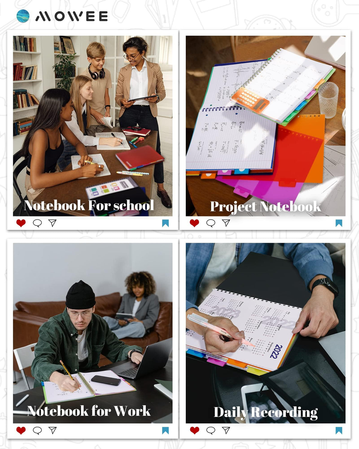 MOWEE 5-Subject Spiral Notebook, College Ruled, with Pocket & Tab Dividers