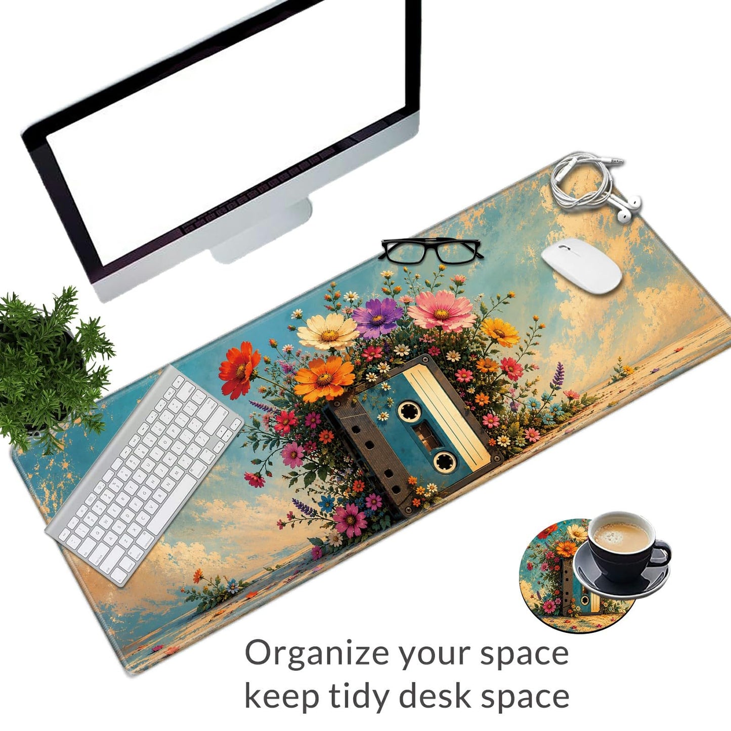 Floral Cassette Bloom Large Mouse Pad, 31.5 x 11.8 in Extended Desk Mat