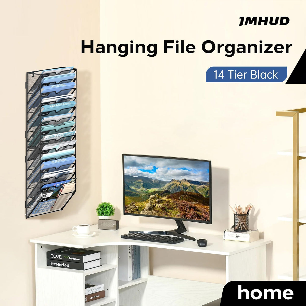 JMHUD 14-Tier Wall File Organizer and Hanging File Organizer, Black, 2Pack