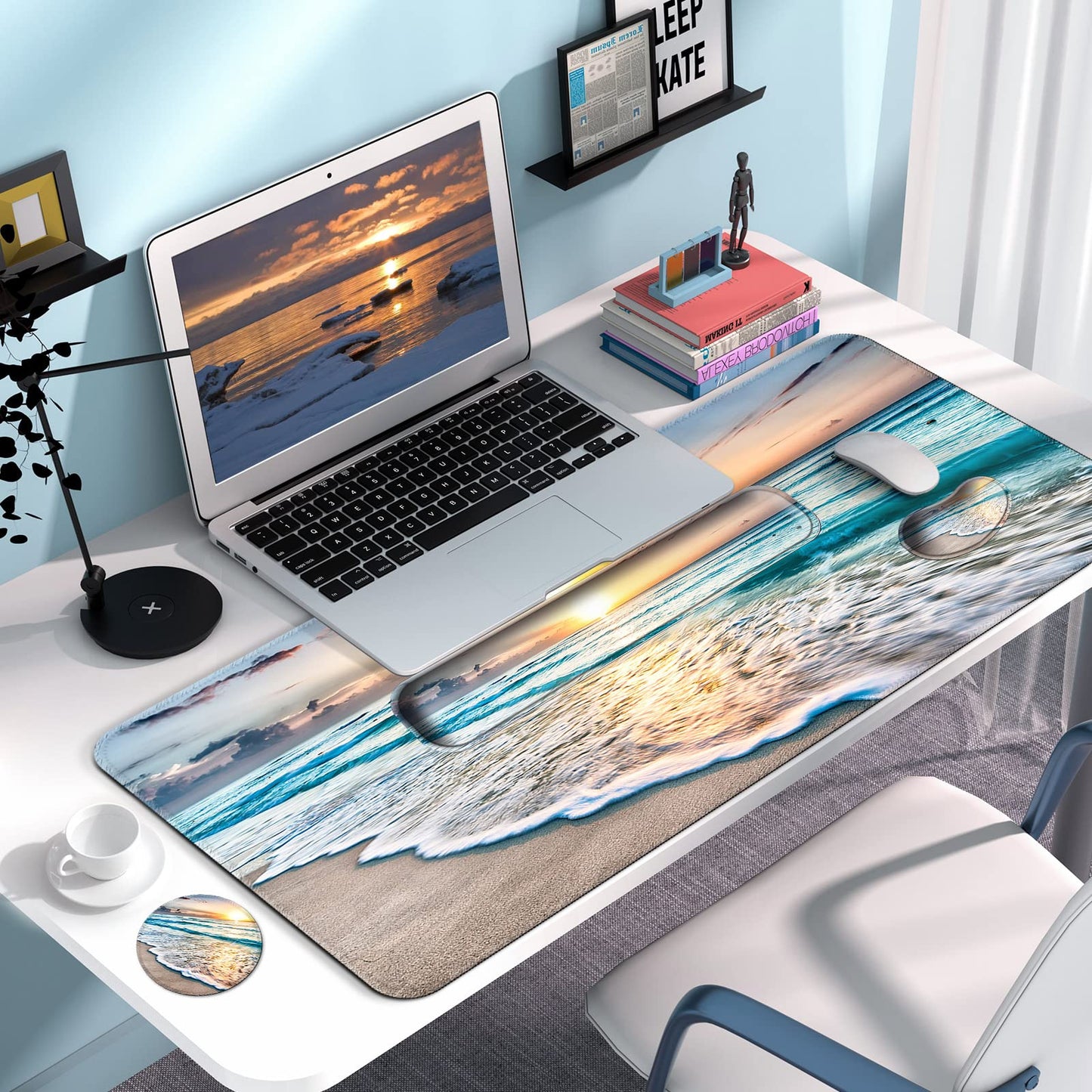 4 in 1 Mouse Pad and Keyboard Wrist Rest,Large Desk Mat,Coaster Set-Beach