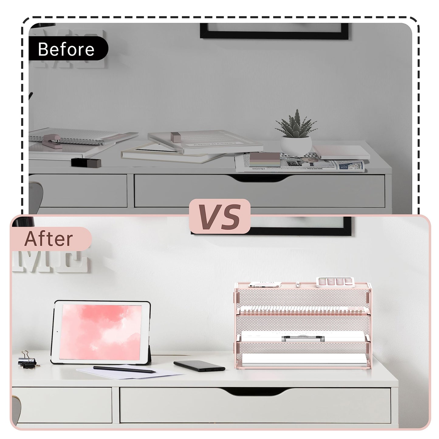 DALTACK 3 Tier Letter Tray Paper Organizer with Sliding Mesh Trays Pink