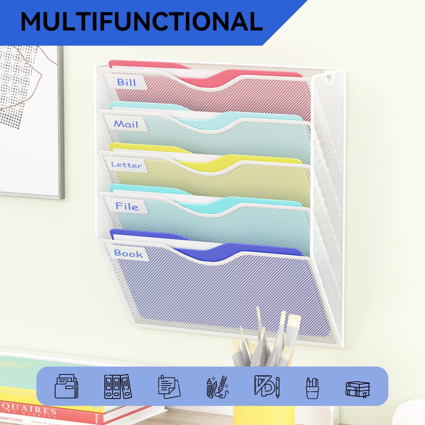 GDINDINFAN 5 Pockets Hanging Wall File Organizer Mail Holder, Wall Mounted Paper Document Folder
