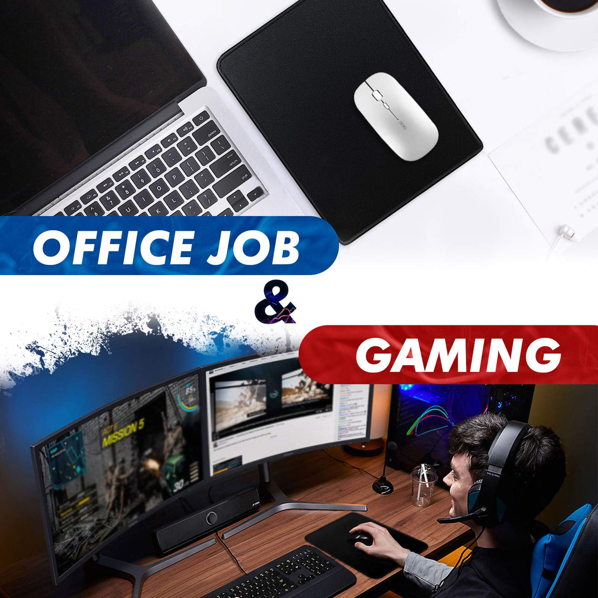Mouse Pad Bundle Stitched Edges Premium Waterproof Gaming Mouse Mat Pad, Extends Battery Life