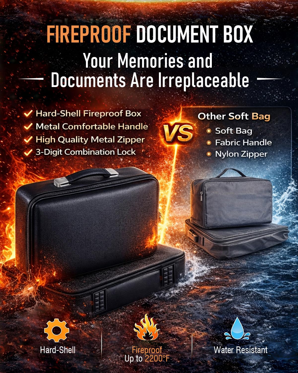 Fireproof Document Box - Hard-Shell Design Waterproof & Fireproof Document Safe with Lock, Fire Box