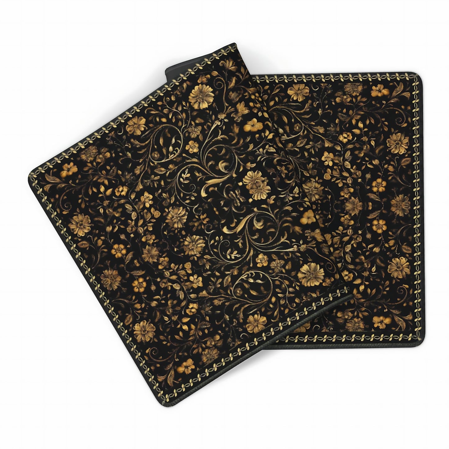 Floral Aesthetic Daisy Gaming Mouse Pad, Black Gold Baroque Desk Mat with Anti-Slip Base & Stitched