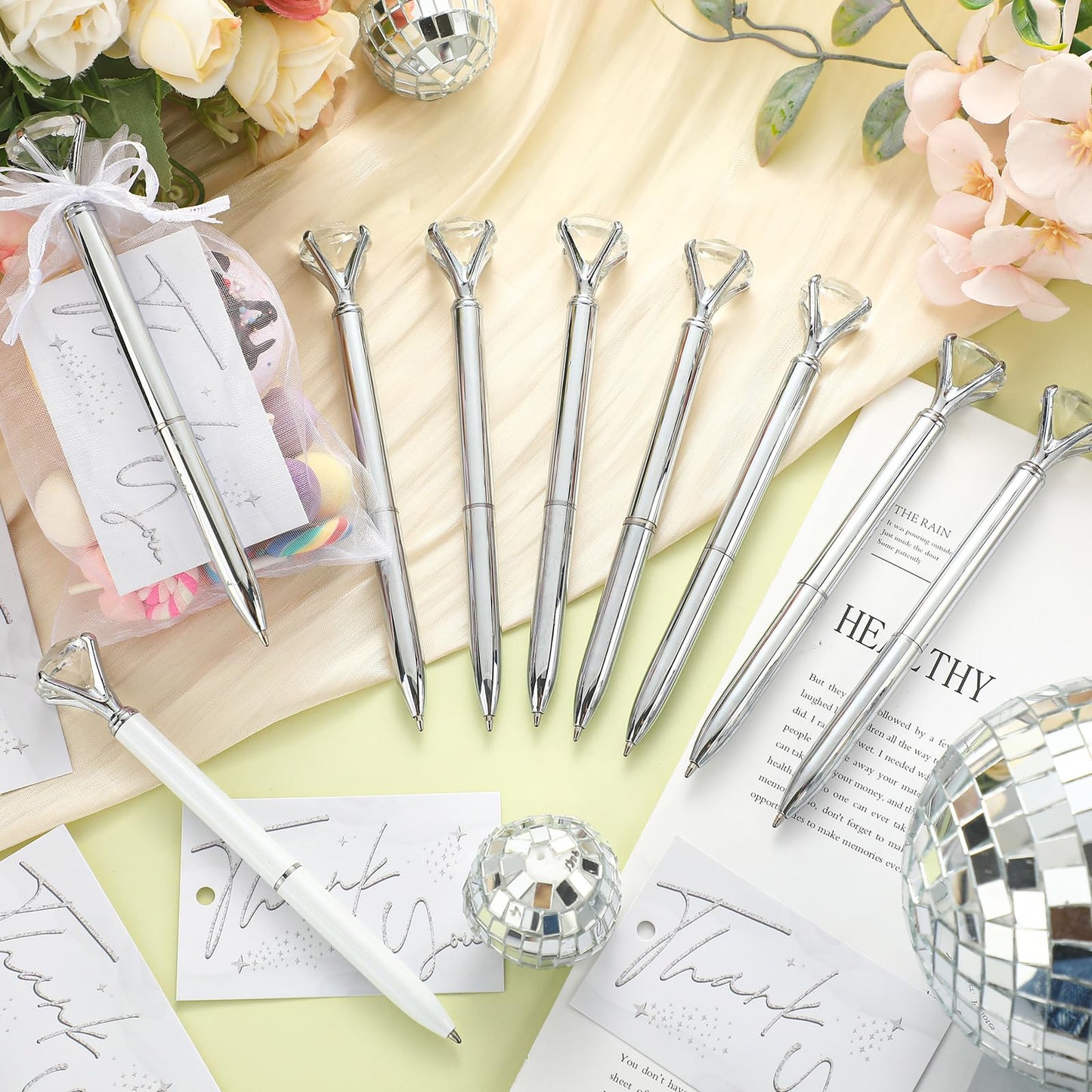 Yeaqee 91 Pcs Bridal Shower Pens Set, Silver, White, Classic Style