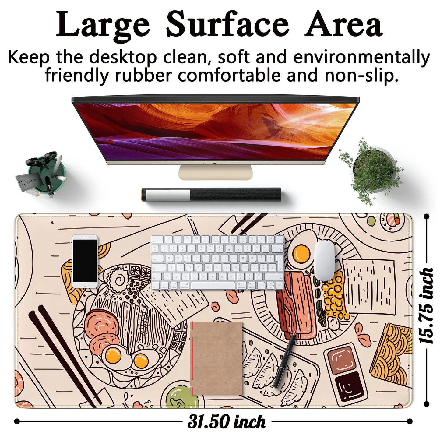 Japanese Ramen Sushi Food Desk Mat Beige XL Mouse Pad Large Full Desk Mousepad Gaming Extended
