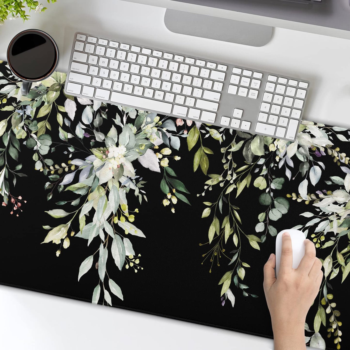 aportt Sage Green Leaves Gaming Mouse Pad XL Spring Summer Floral Extended Large Desk Mat Black Big