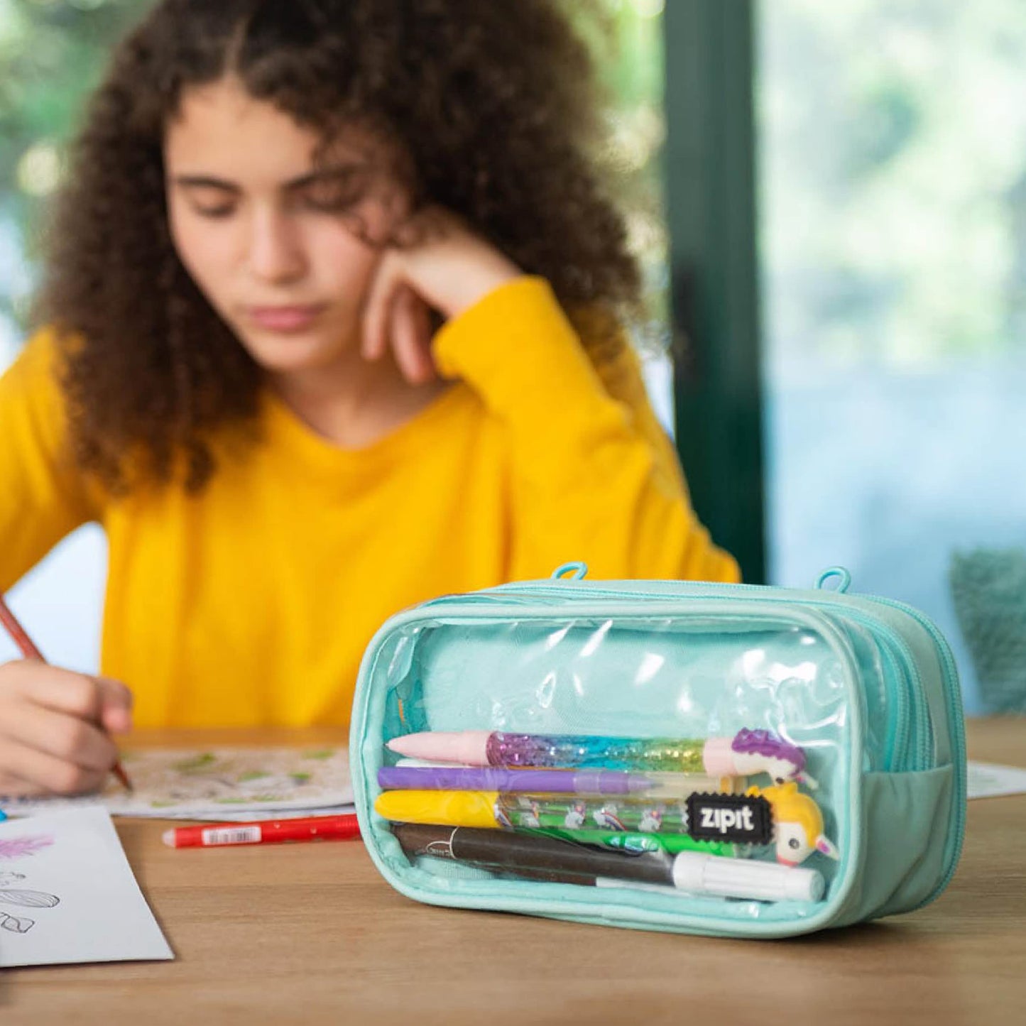 ZIPIT Half & Half Pencil Case, 3-Compartment Zipper Pouch for Girls, Mint