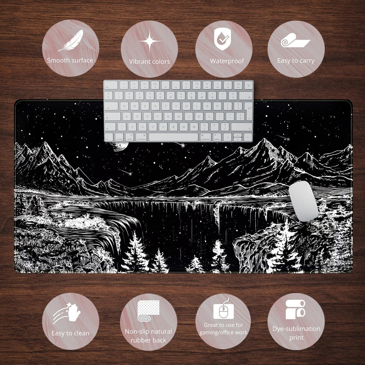 Black and White Desk Mat Dark Nature Forest Mouse pad XXL Starry Night Mountain Desk pad Aesthetic
