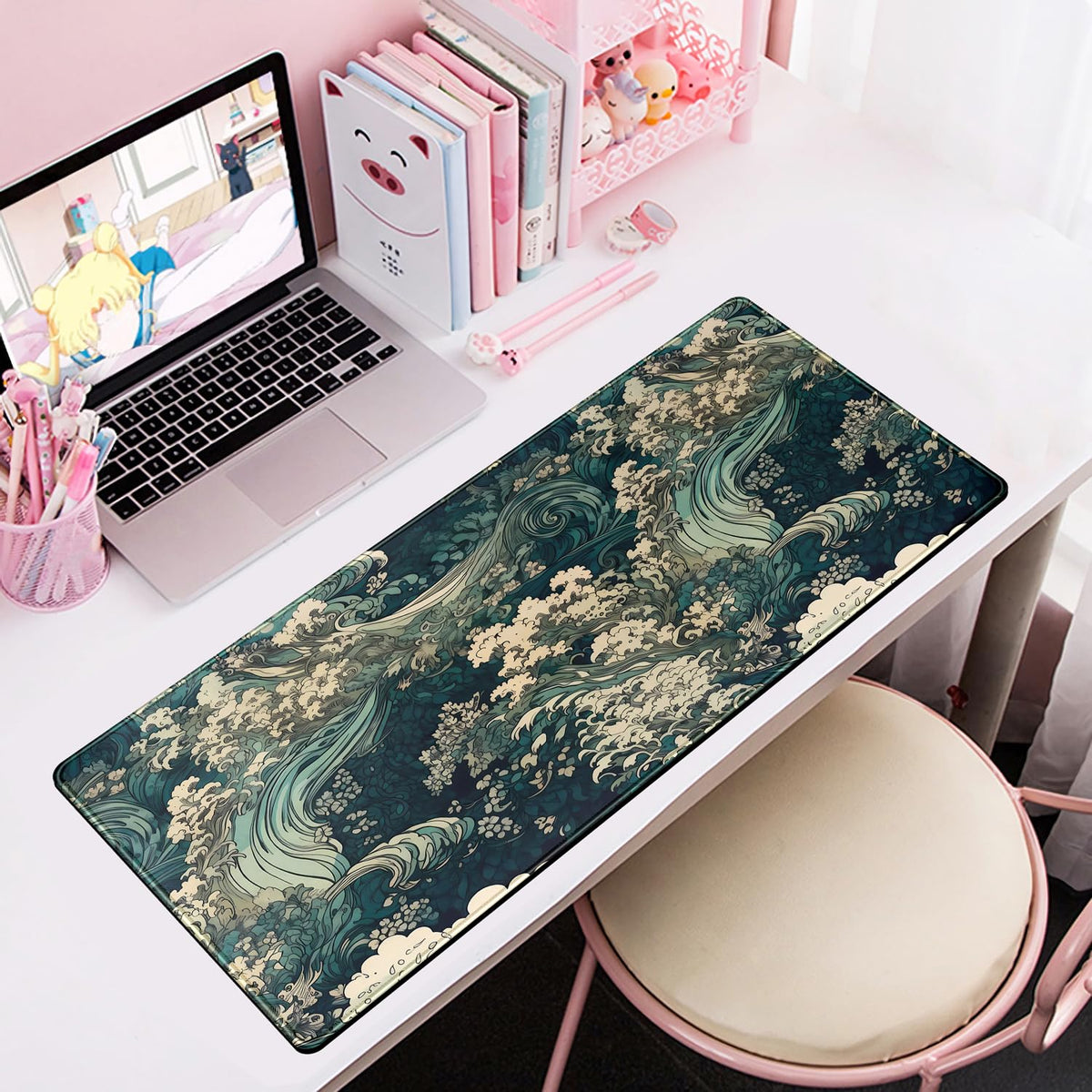 Japanese Large Mouse Pad Gaming Sea Wave Desk Pad Blue Sea Flower Art Aesthetics Desk Pad Non-Slip