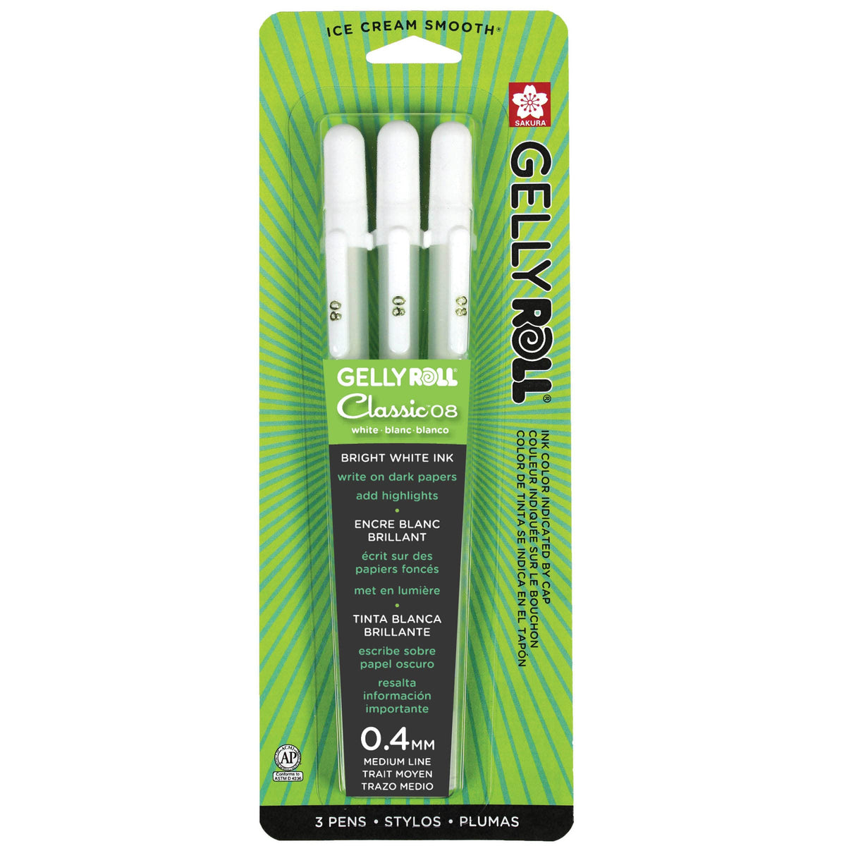 SAKURA 37488 3-Piece Gelly Roll Blister Card Medium Point Gel Ink Pen Set, White