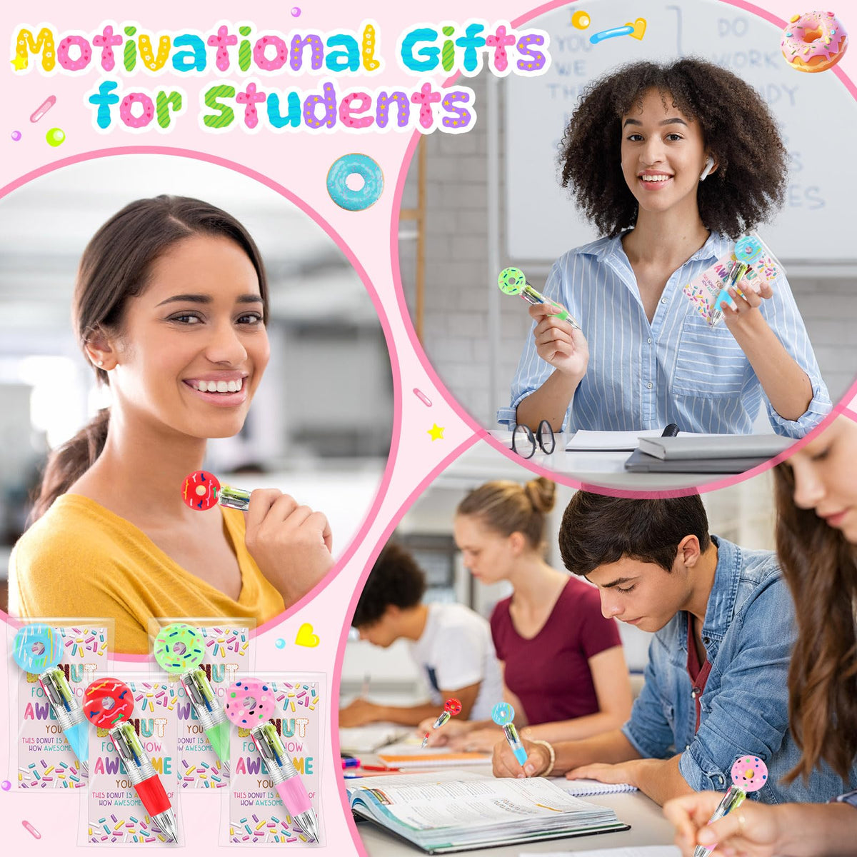 Sayglossy 24 Sets Donuts Party Favor Pens Gift Bulk with Positive Cards