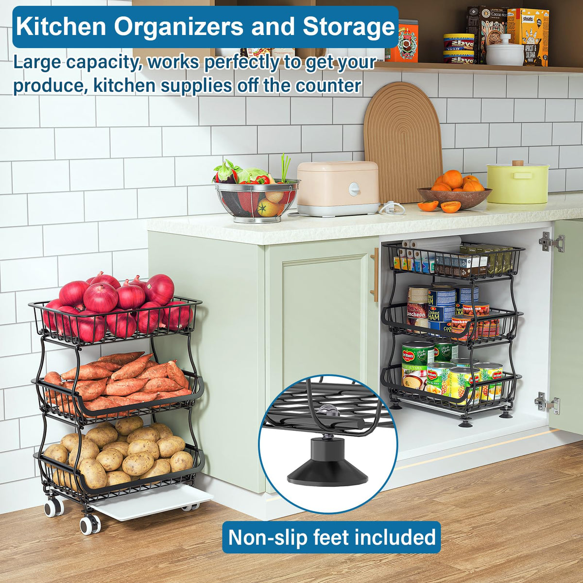 OKZEST 3-Tier Rolling Pantry Floor Organizers and Storage Cart with Wheels