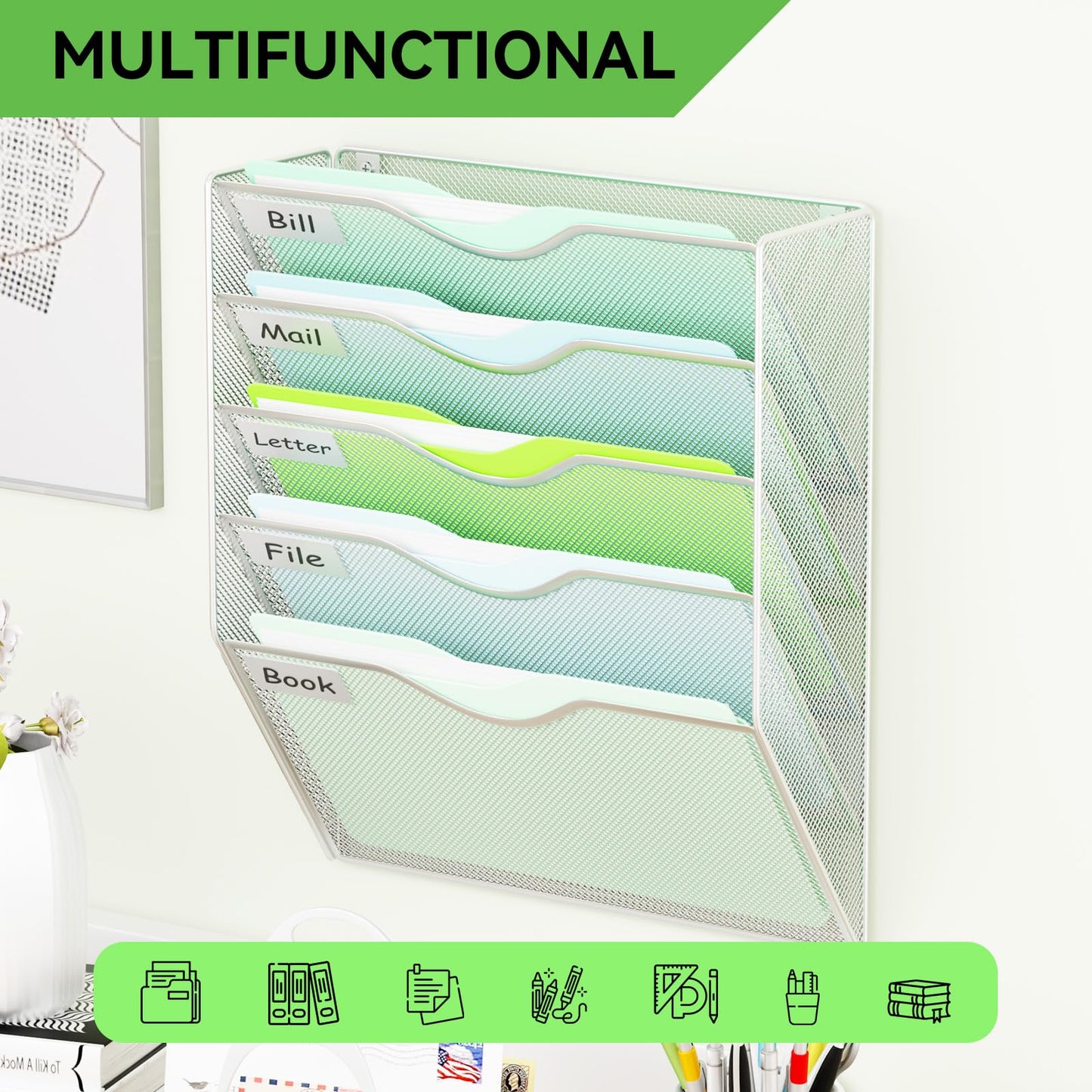 GDINDINFAN 5 Pockets Hanging Wall File Organizer Mail Holder, Wall Mounted Paper Document Folder