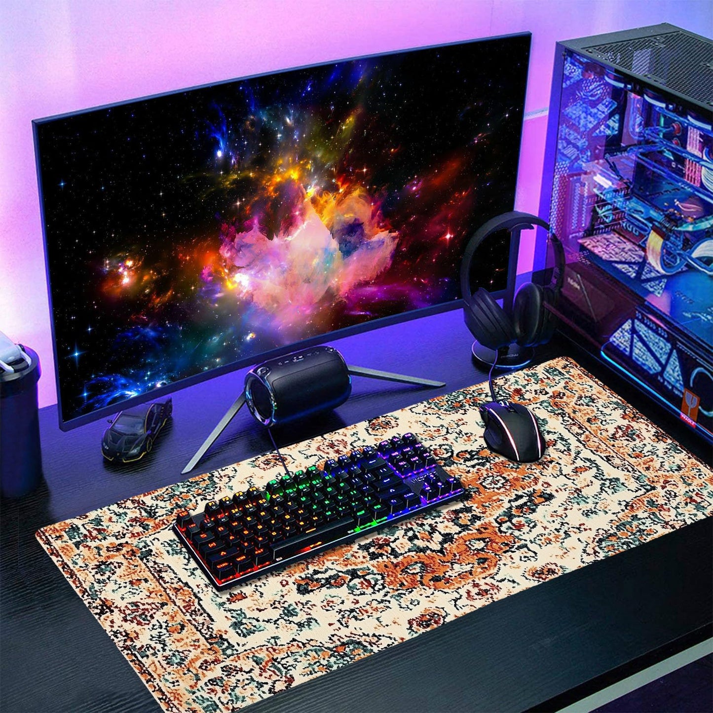 Vintage Rug Gaming Mouse Pad XXL Orange Teal Retro Carpet Aesthetic Extended Large Mat Bohemian