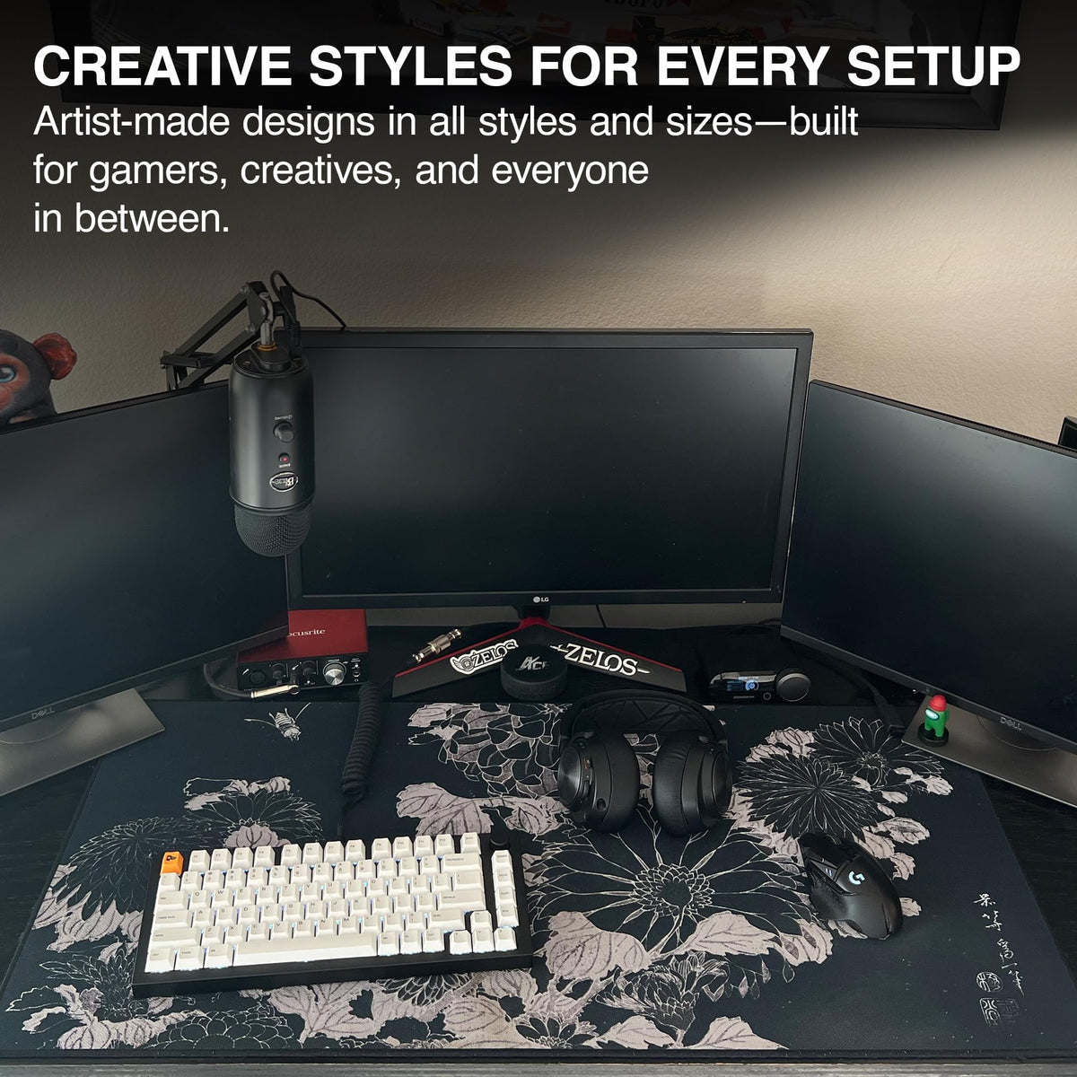 MPCO. Chrysanthemums Gaming Desk Pad, 36" x 17" Duraglyde Fabric Desk Mat