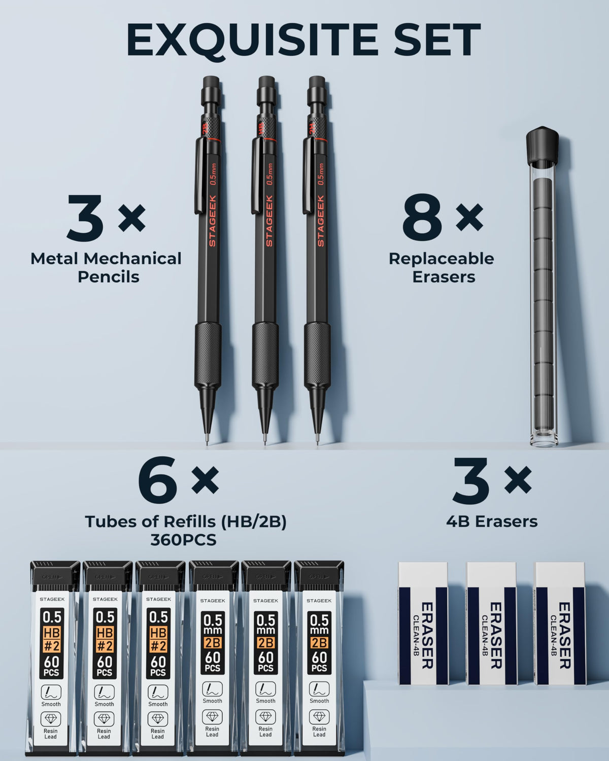 STAGEEK Black Meal Mechanical Pencil Set, 3-Pack, 0.5mm, Storage Case