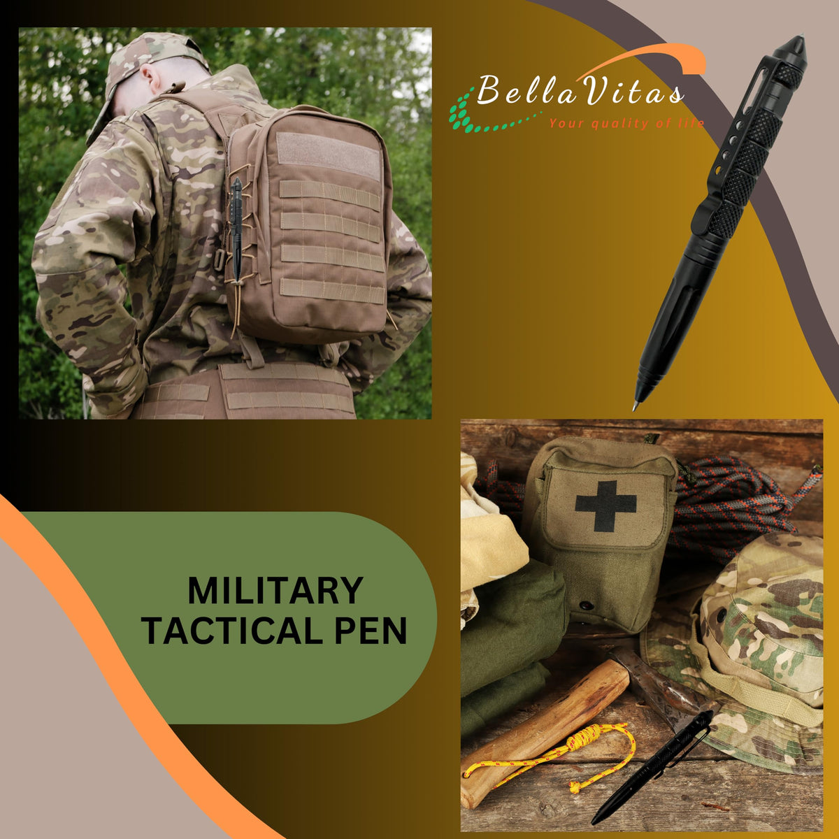 BellaVitas Military Tactical Pen, Emergency Glass Breaker Pen, Tactical EDC Pen, Multitool pen