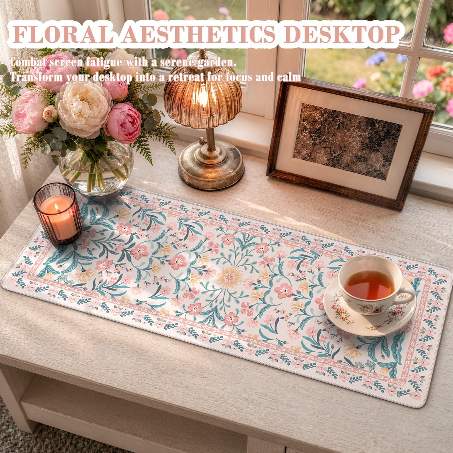 iCasso Aesthetic Desk Mat,31.5x11.8in Mouse Pads, Pink Floral
