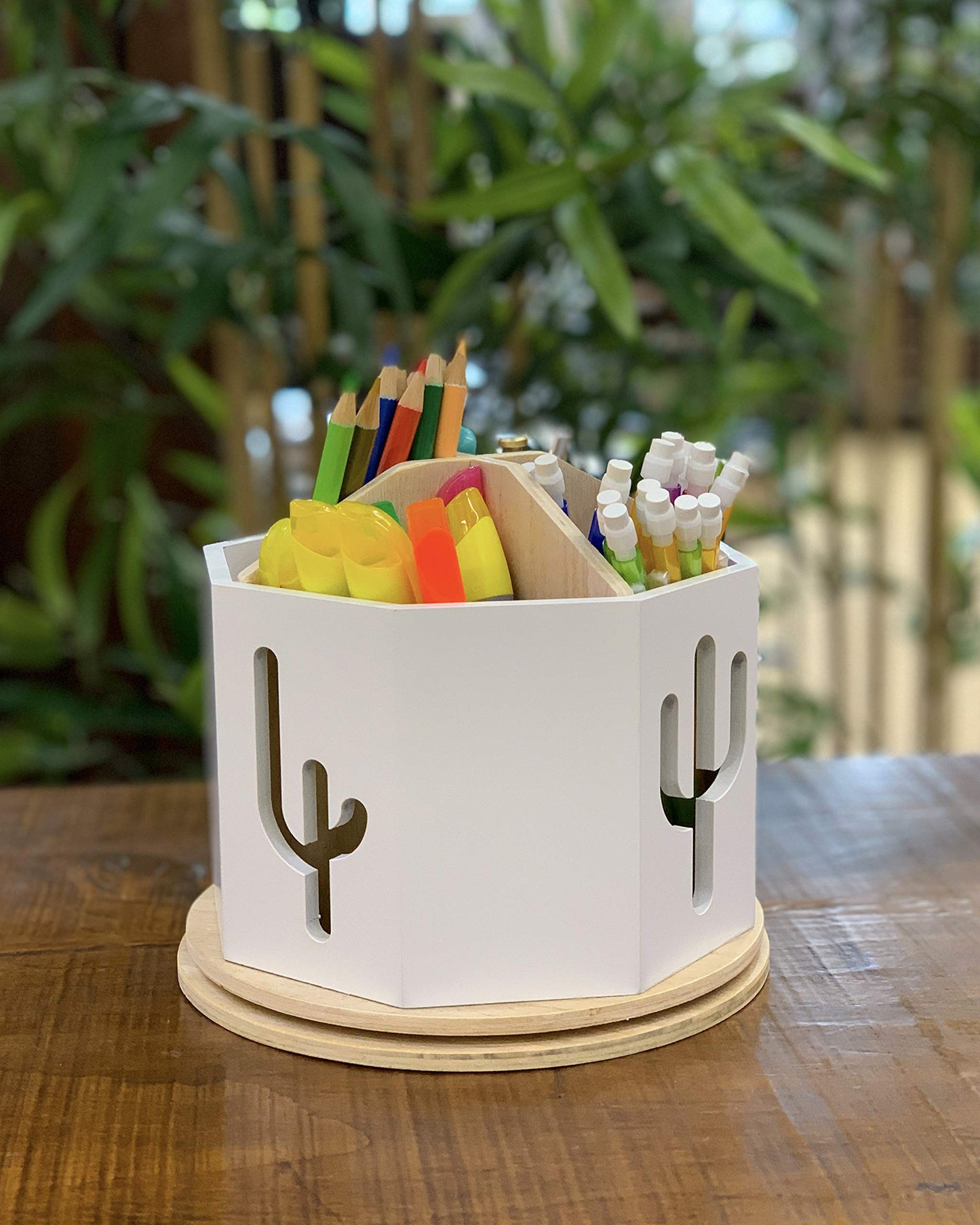 Spinning Desktop Stationary Organizer – Decorative Wooden Rotating Pen and Pencil Cup – Desk and