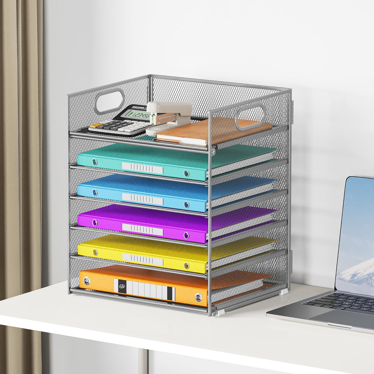 6 Tray Paper Organizer Letter Tray with Handle - Mesh Desk File Folder Holder, Paper Sorter for