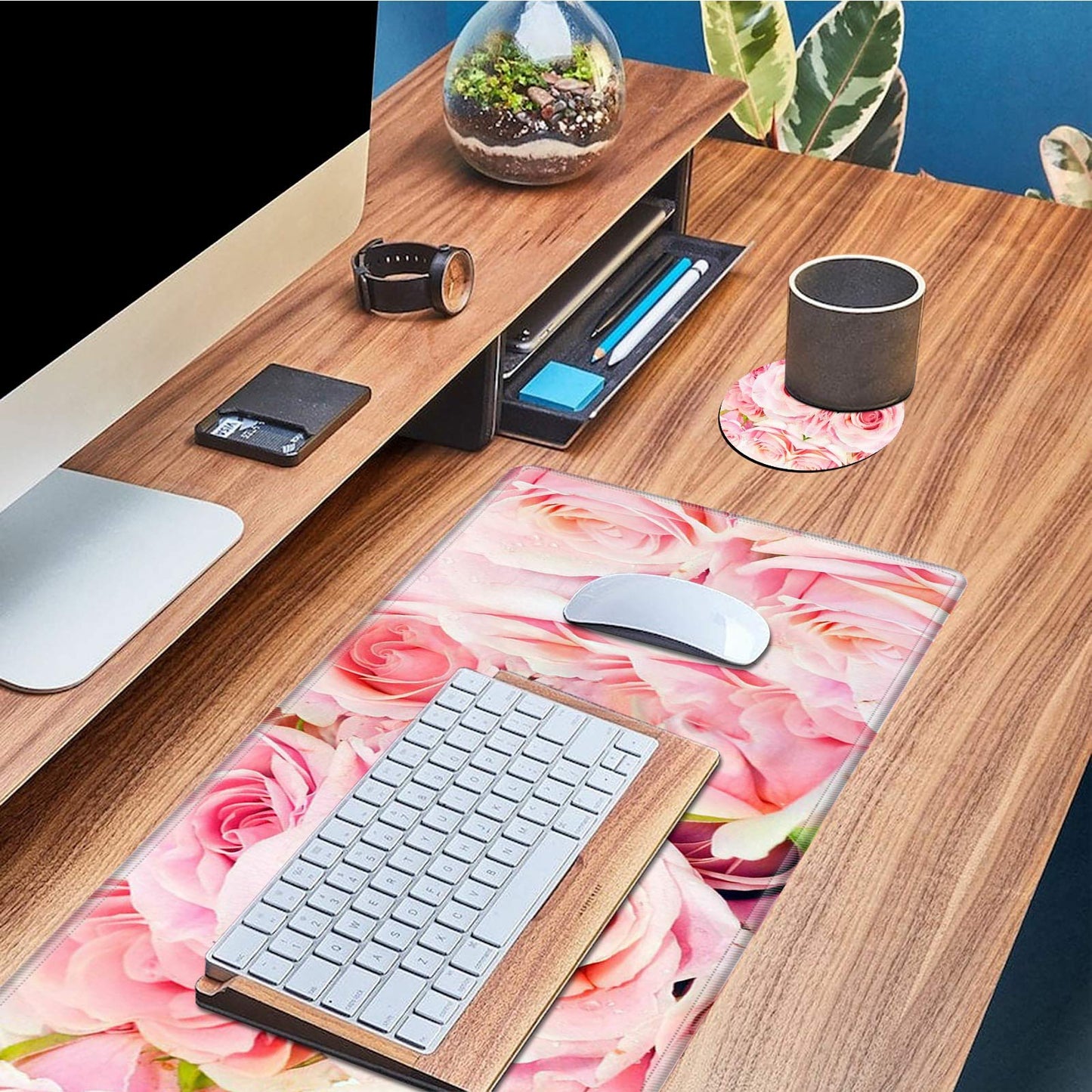 BEOTIWAD Large Mouse Pad with Cup Coaster, Pink Rose