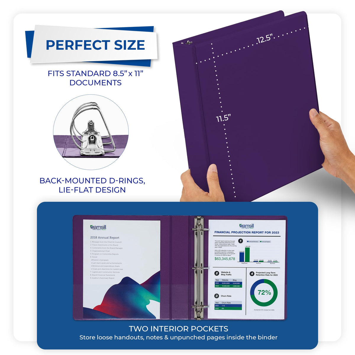 Samsill Durable 1.5 inch 3 Ring Binder, D Ring Binder, 100% Recycled Chipboard, Purple, 12 Pack