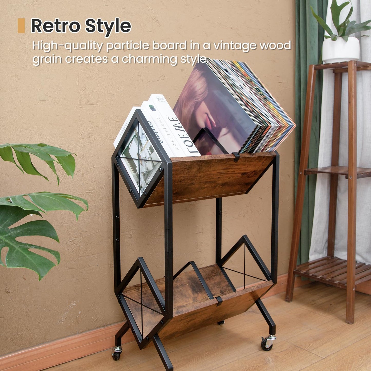 SwaaVee Vinyl Record Storage Holder with Wheels, 2-Tier Record Holder 160-200 LP with Dividers