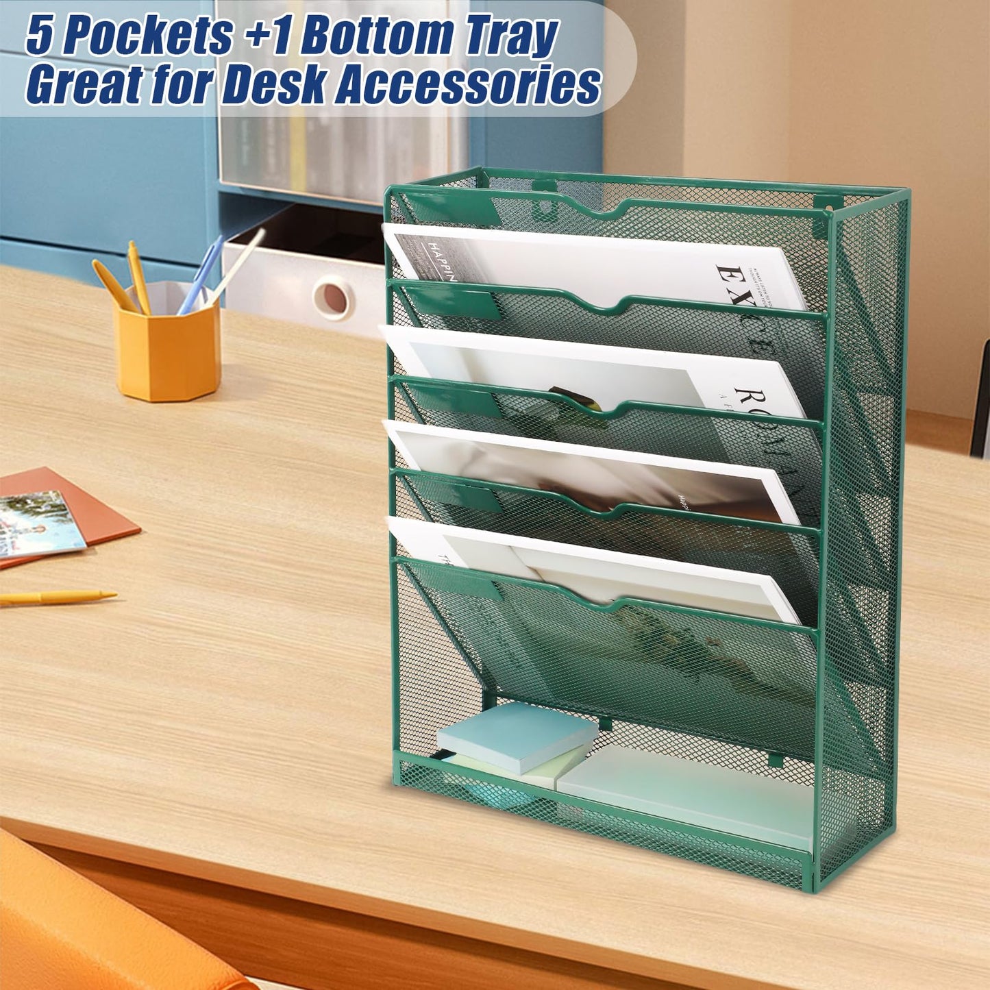 EASEPRES 6 Tier Desk File Organizer, Mesh Hanging Wall Mount Document Organization Stand, Desktop
