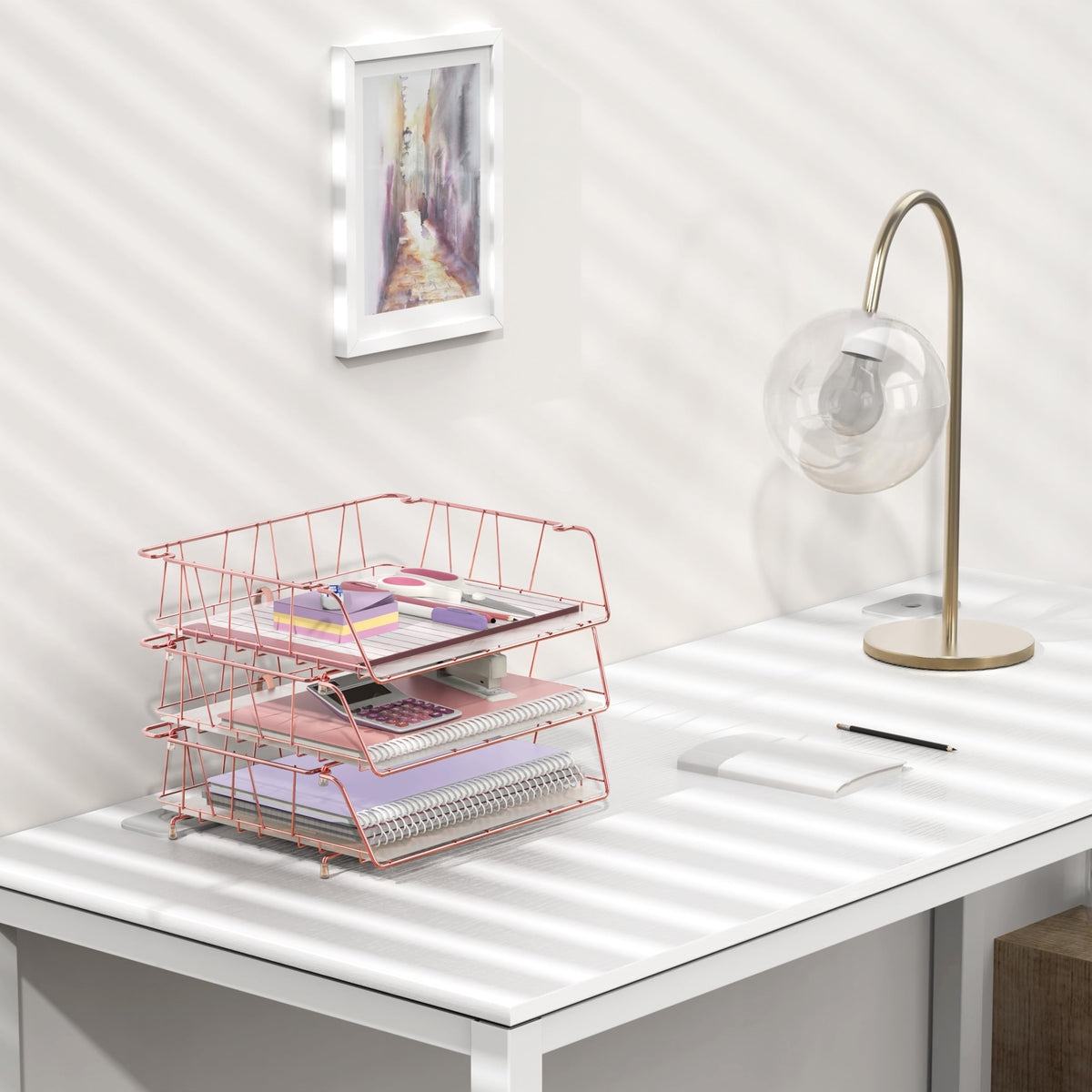 Simple Houseware Stackable Wide Entry Letter Tray, Wire Grid, Rose Gold