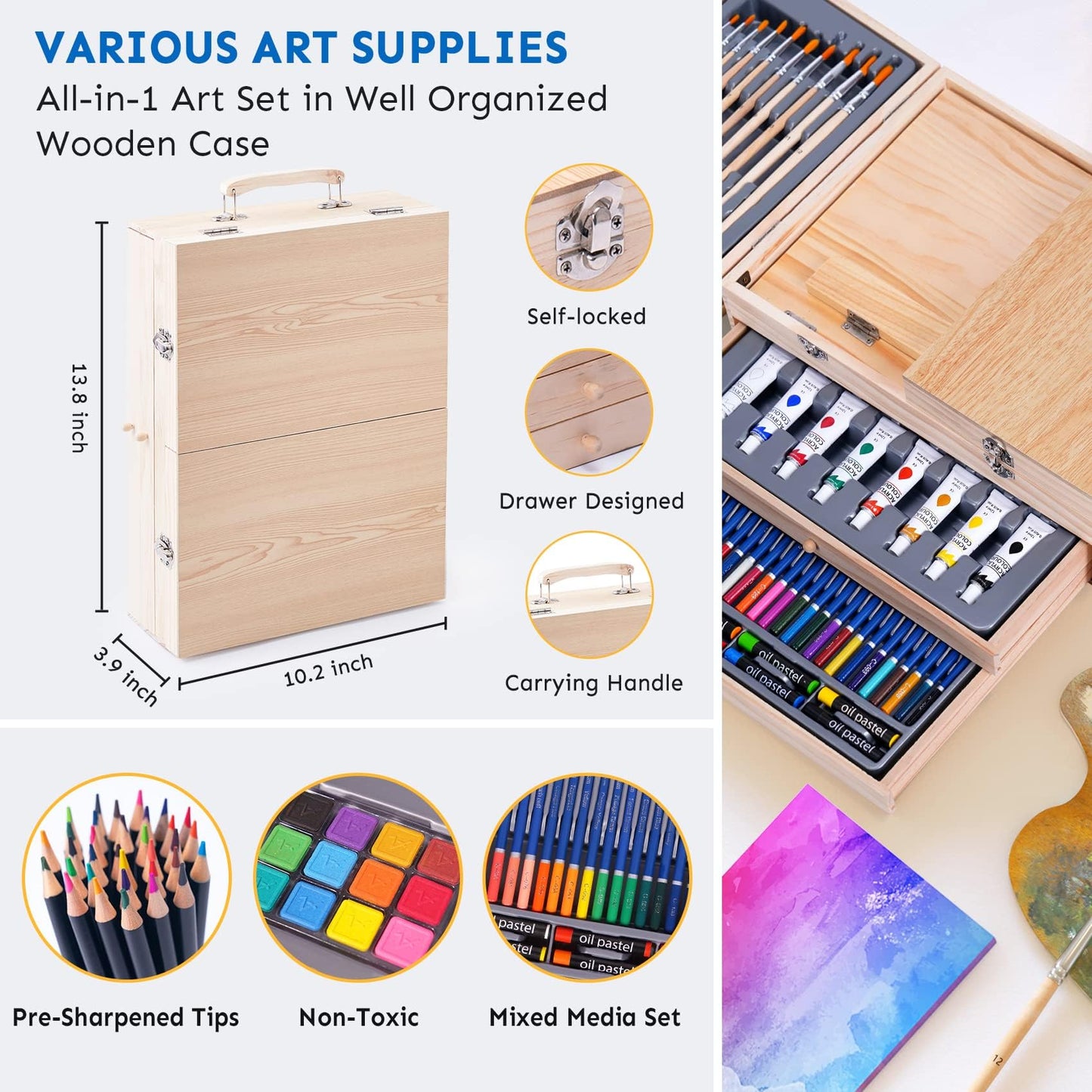 Art Set 85 Piece with Built-in Wooden Easel, 2 Drawing Pad, Art Supplies in Portable Wooden