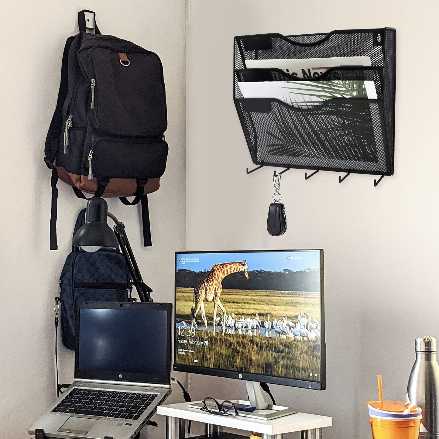 EASEPRES 3 Pocket Mesh Hanging File Organizer with Key Holder Hooks & Nametag Label, Wall Mounted
