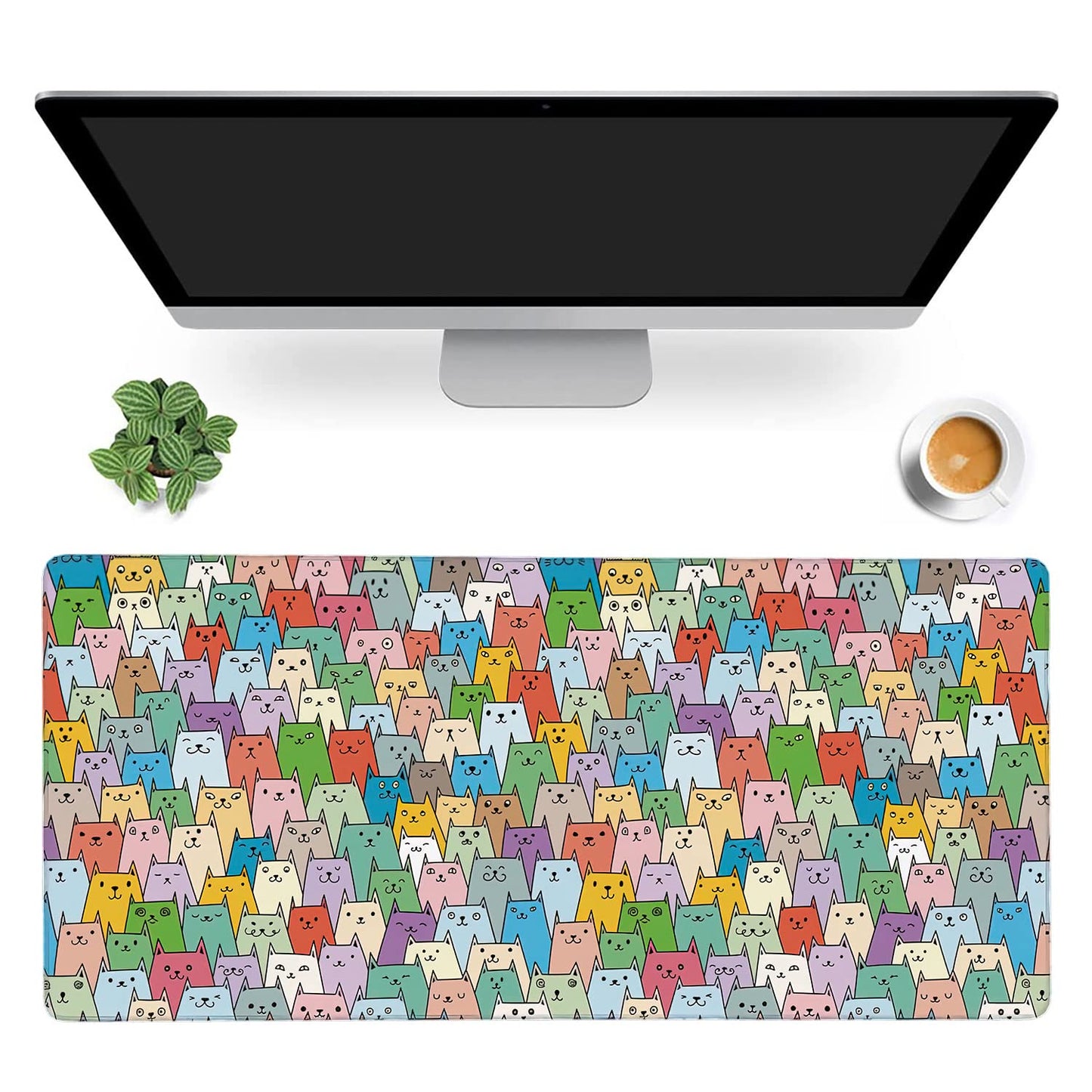 Cute Colorful Cats Extended Gaming Mouse Pad Large Desk Mat with Non-Slip Rubber Base and Stitched