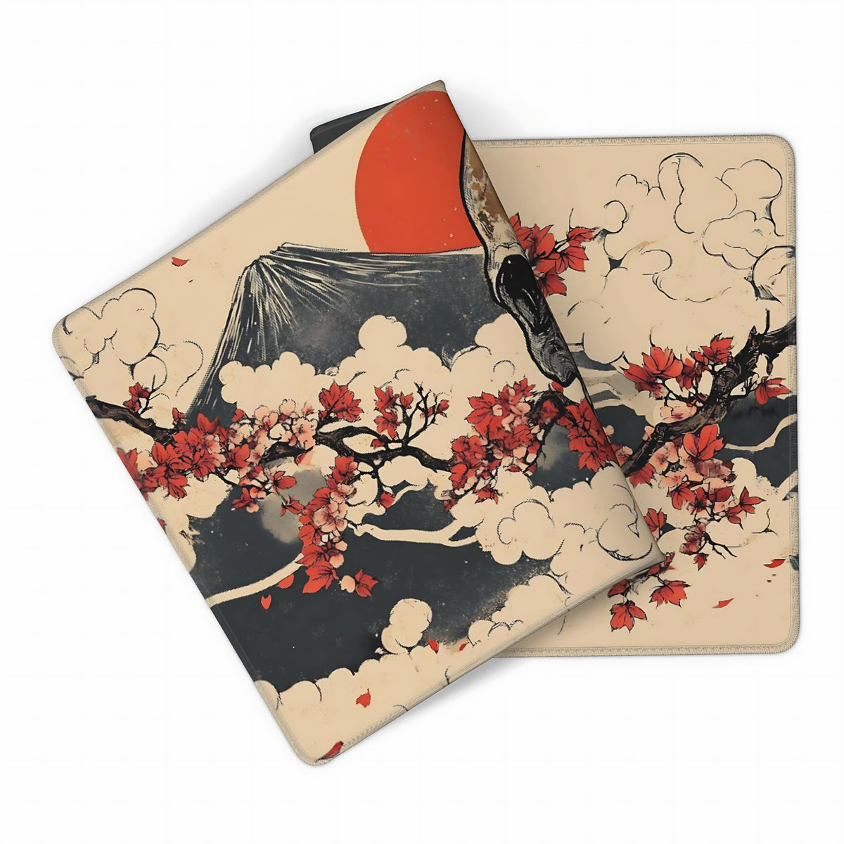 Aesthetic Skull Gaming Mouse Pad, Beige Red Japanese Desk Mat with Anti-Slip Base & Stitched Edges