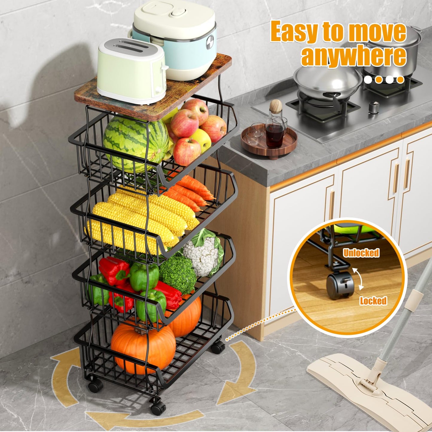 Gsiekare 5 Tier Fruit and Vegetable Basket for Kitchen with Wheels