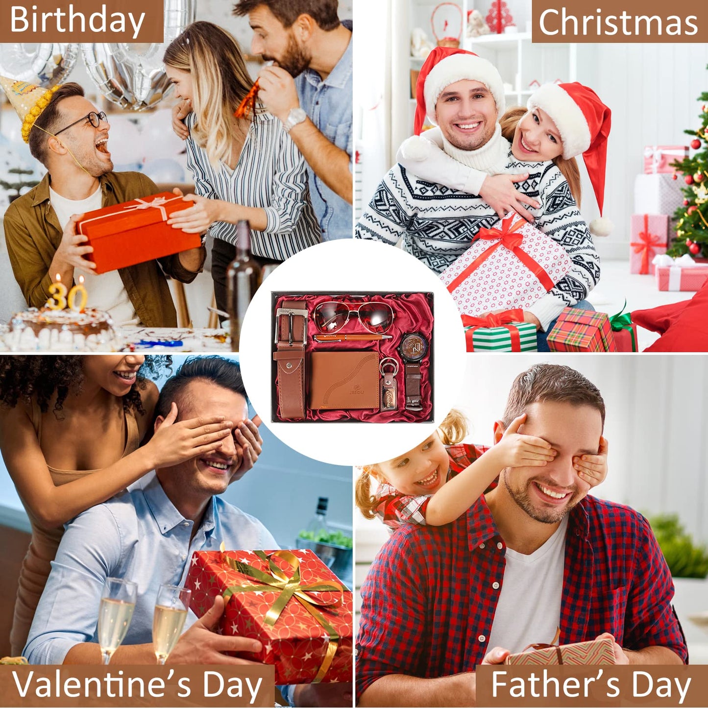 Baojulong 6pcs Men's Gift Set with Box Brown Leather Belt Wallet Watch Glasses Keychain Ballpoint