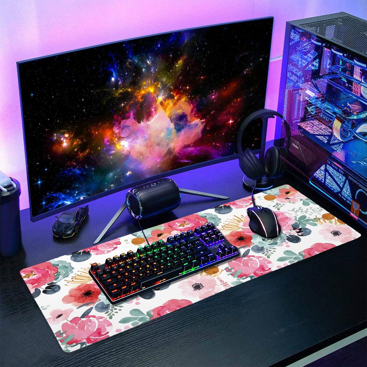 Pink Green Flowers Gaming Mouse Pad XL Cute Watercolor Floral Pretty Extended Desk Pad Trendy