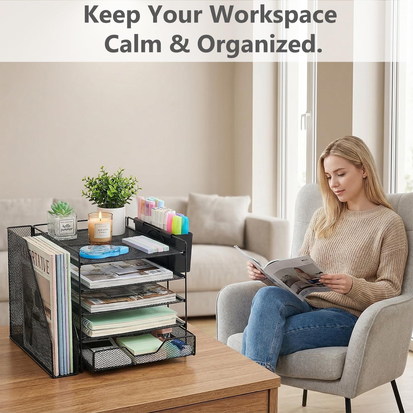 Gugsey 5-Tier Desk File Organizer with Drawer & Pen Holder (Black)