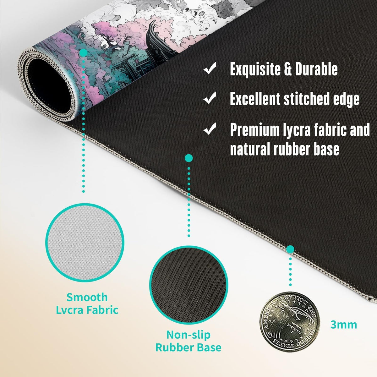 Extended Gaming Mouse Pad, Large Mouse Mat 3 mm Nature Rubber Base Mousepad with Stitched Edges