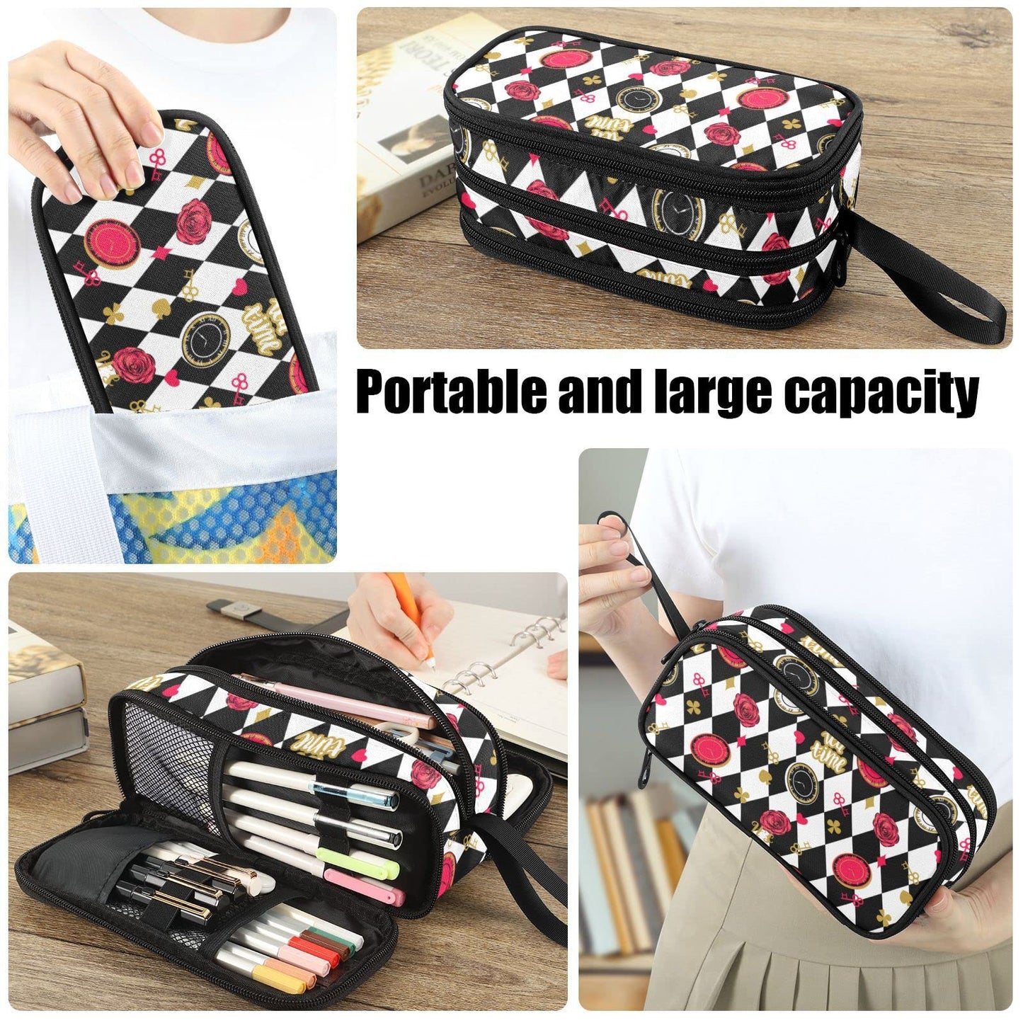 Fustylead Alice Chess Board Pen Pencil Case with Zipper Makeup Pouch Cosmetics Bag Multi-Purpose